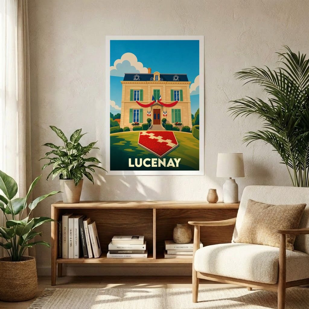 Affiche souvenir de la ville de Lucenay représentant son hôtel de ville dans un style illustré coloré.