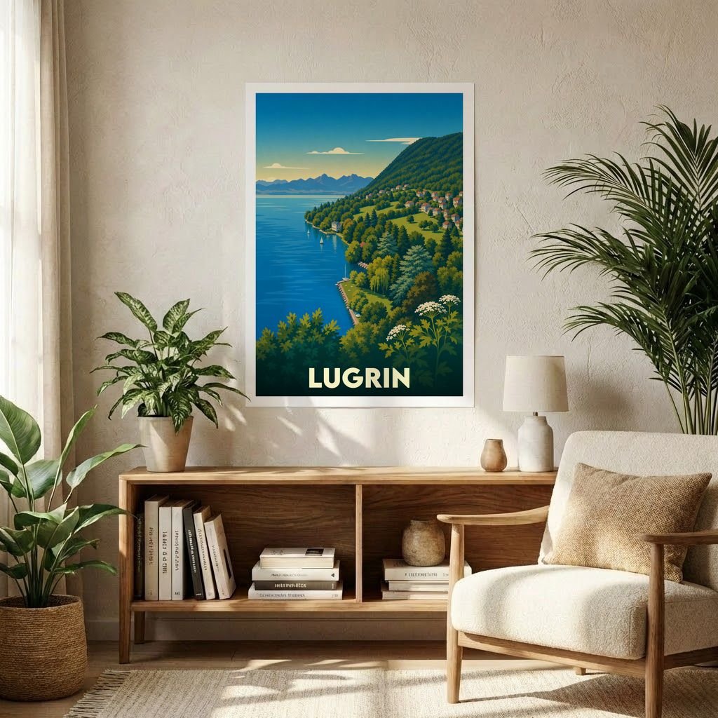 Affiche souvenir de la ville de Lugrin avec une illustration paysagère stylisée.