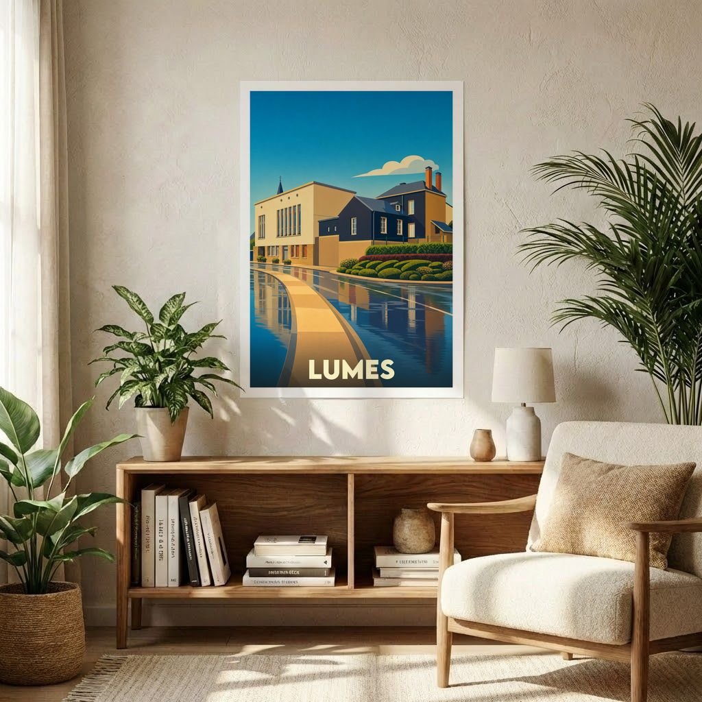Affiche souvenir de la ville de Lumes avec une illustration stylisée et colorée de son architecture.