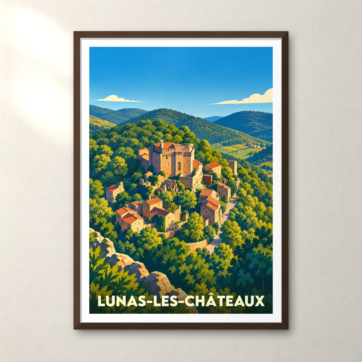 Affiche souvenir de la ville de Lunas-les-Châteaux avec une illustration stylisée d'un château perché dans une vallée boisée.