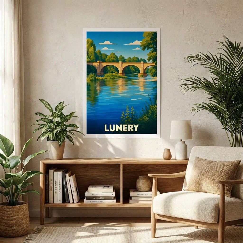 Affiche souvenir de la ville de Lunery avec une illustration stylisée d'un pont en pierre surplombant une rivière.
