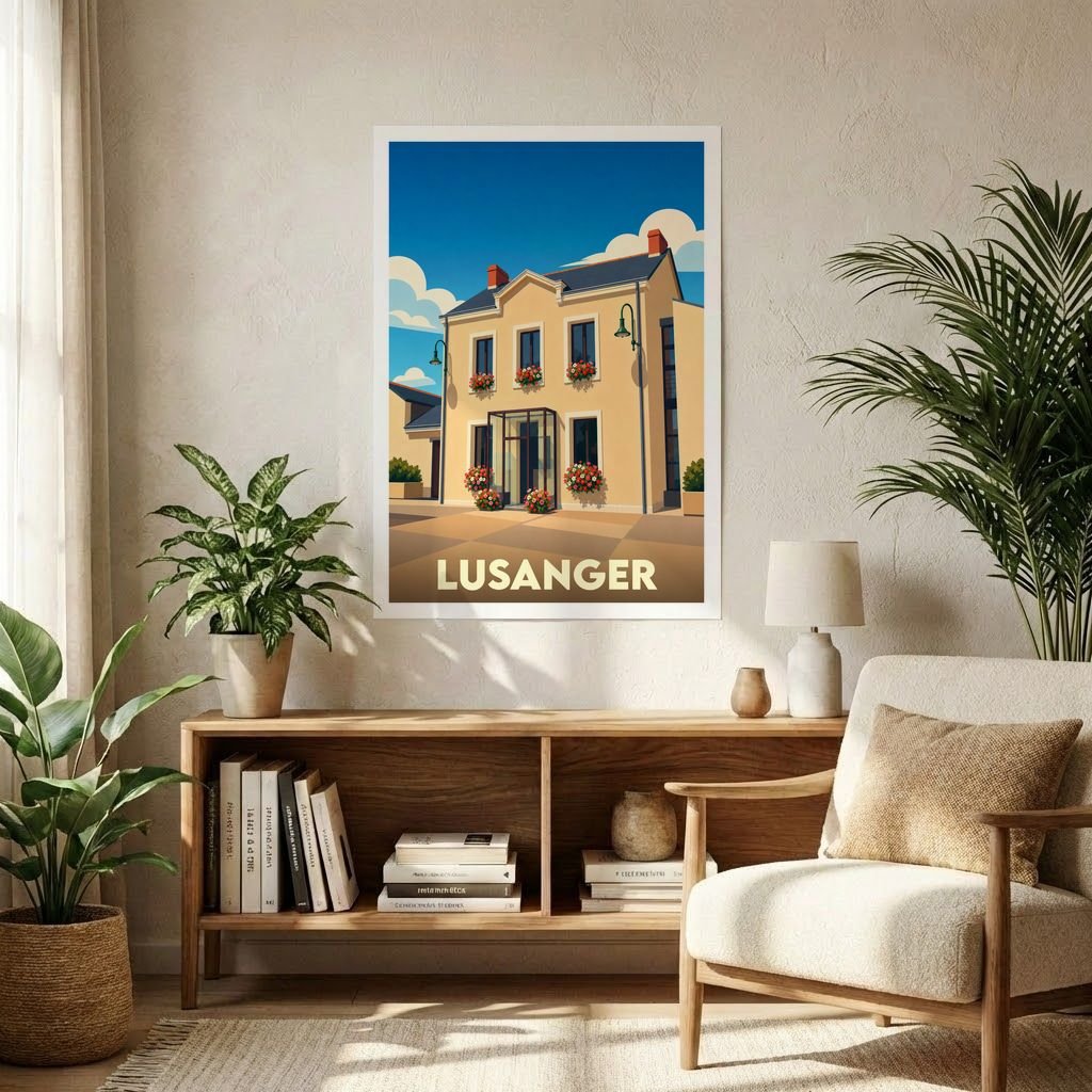Affiche souvenir de la ville de Lusanger avec une illustration stylisée.