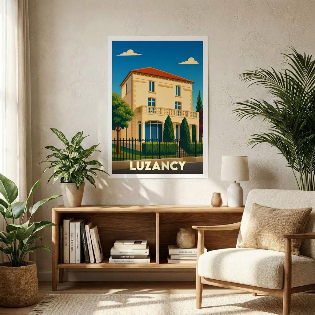 Affiche souvenir de la ville de Luzancy avec une illustration stylisée d'une grande villa.