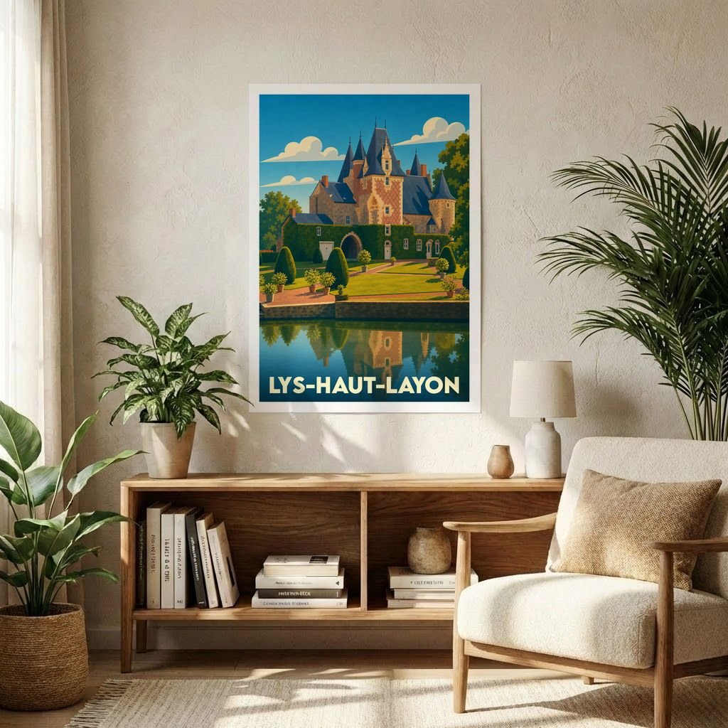 Affiche souvenir de la ville de Lys-Haut-Layon avec une illustration stylisée d'un château au bord de l'eau.