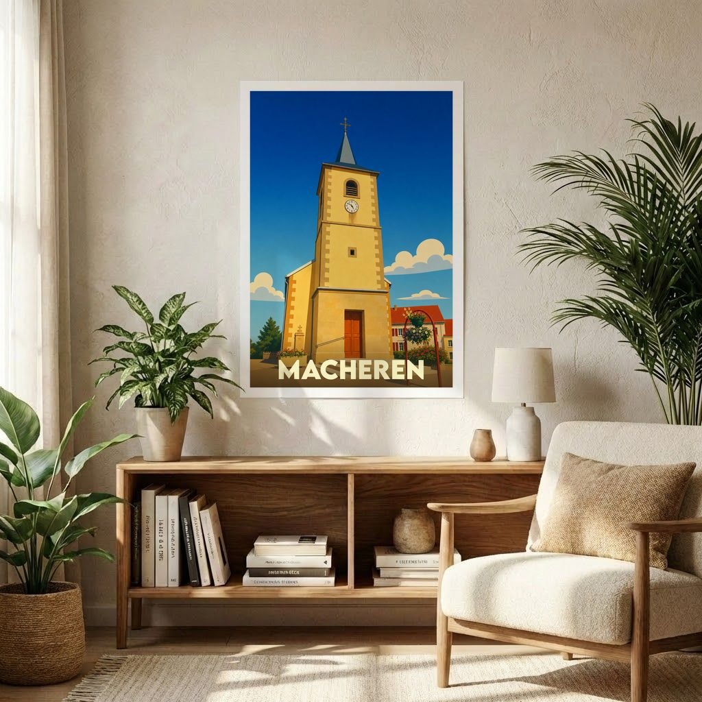 Affiche souvenir de la ville de Macheren avec une illustration stylisée de son église sous un ciel bleu.