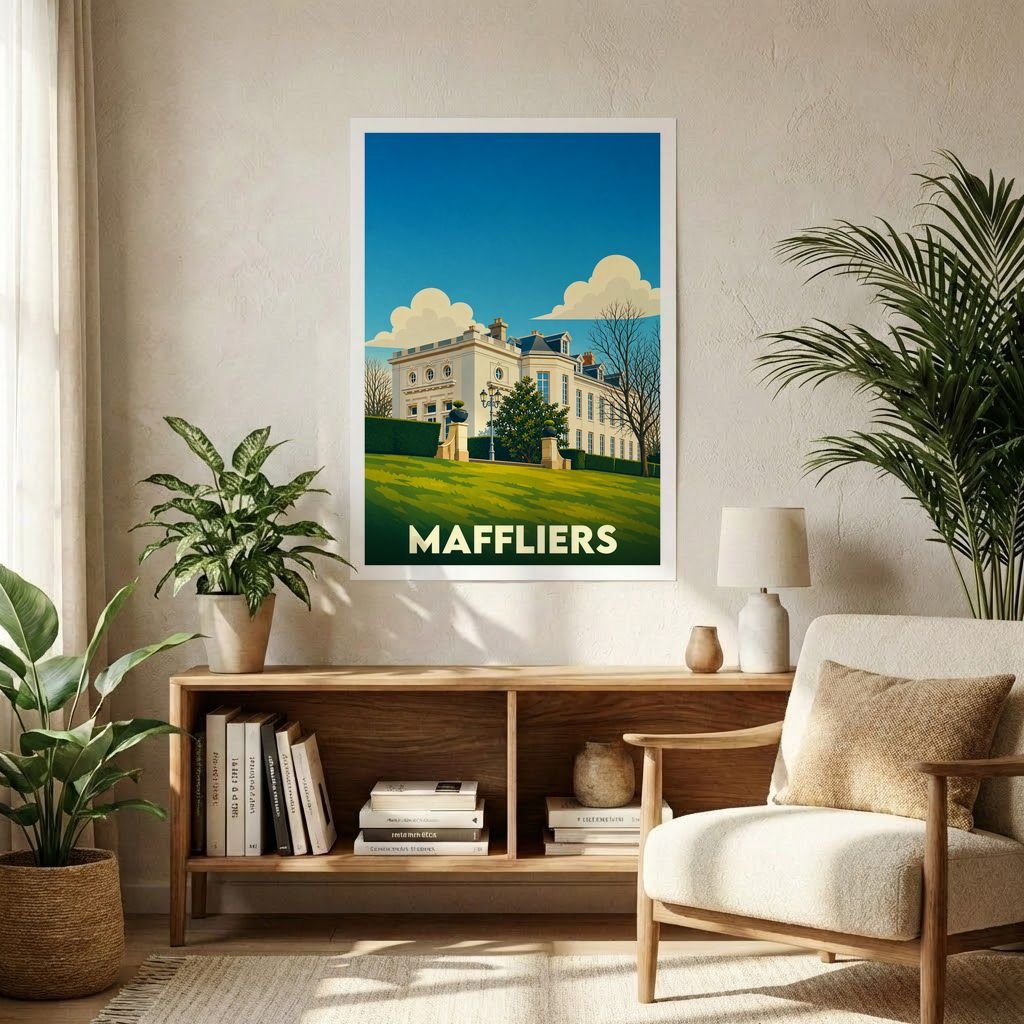 Affiche souvenir de la ville de Maffliers avec une illustration stylisée d'un château.