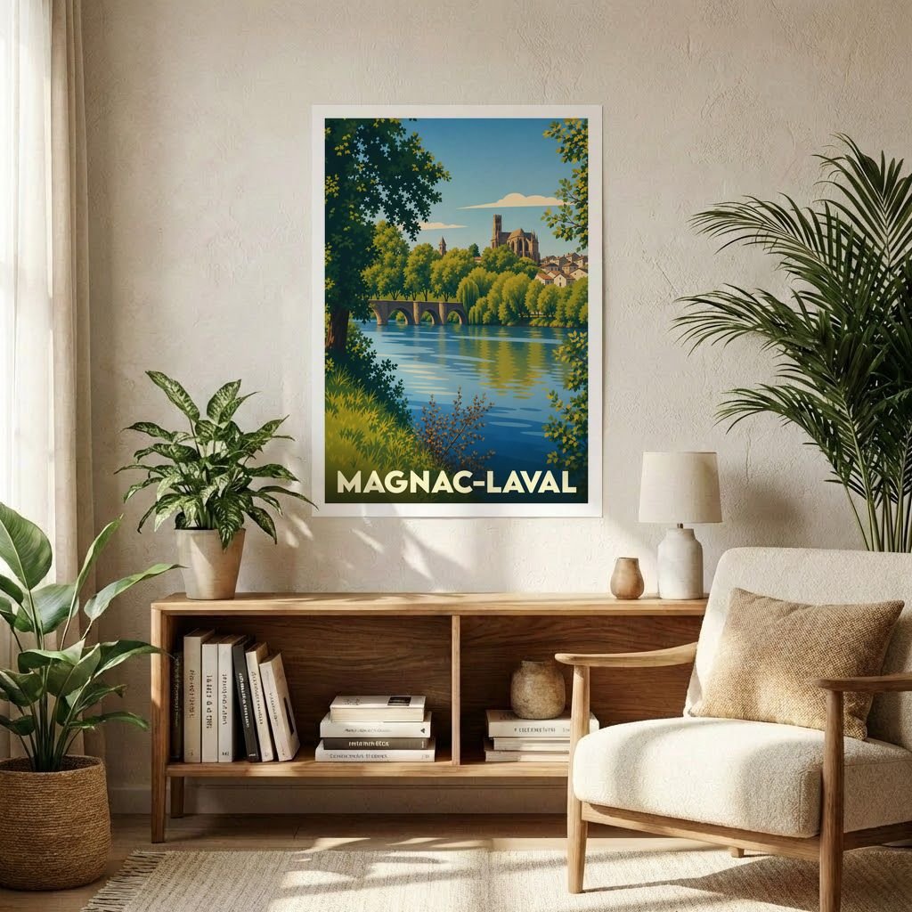 Affiche souvenir de la ville de Magnac-Laval avec une illustration stylisée d'un paysage fluvial.