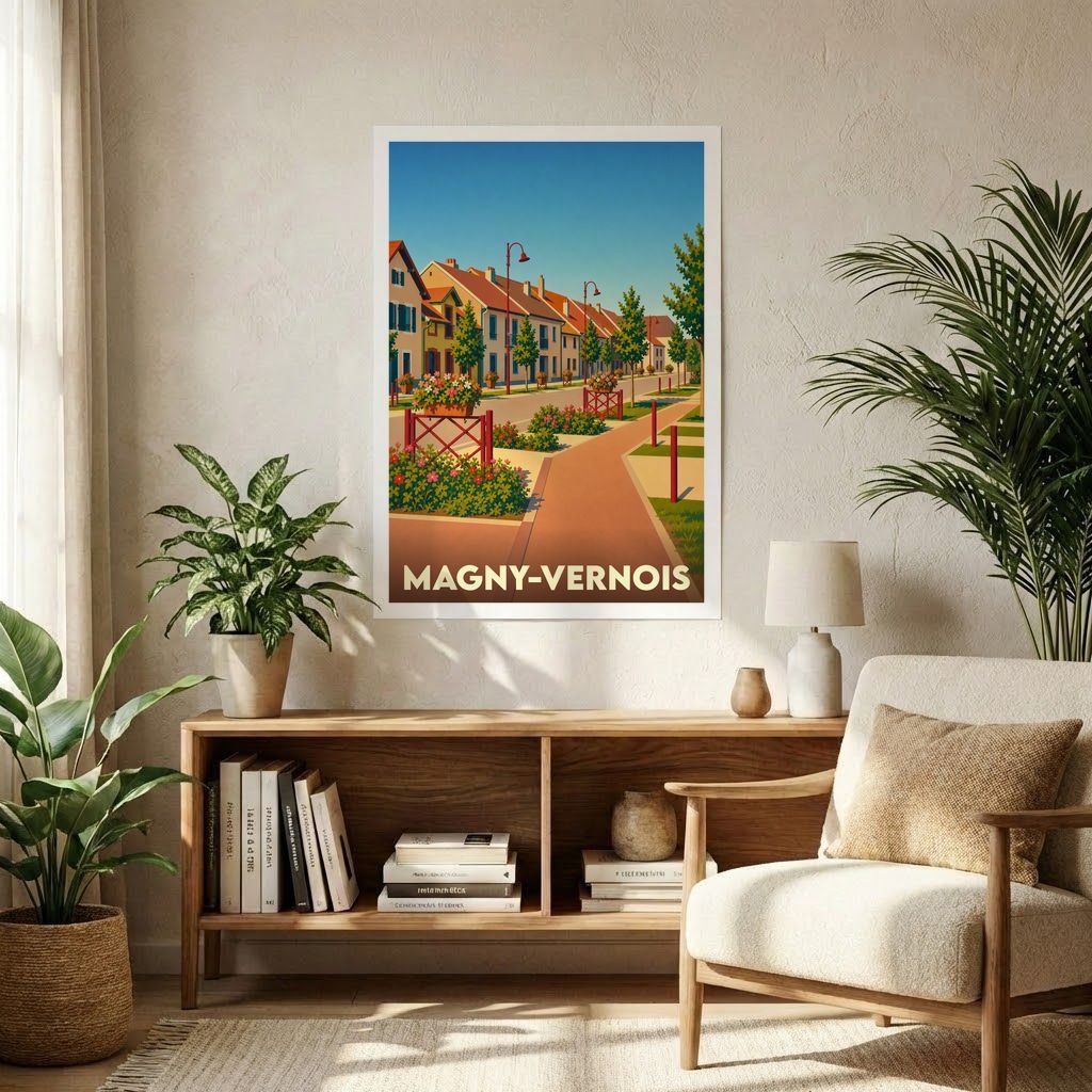 Affiche souvenir de la ville de Magny-Vernois avec une illustration stylisée d'une rue fleurie.