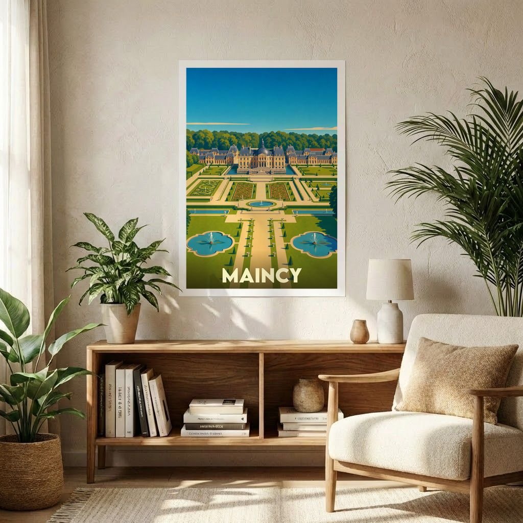 Affiche souvenir de la ville de Maincy avec une illustration stylisée de son château et de ses jardins à la française.