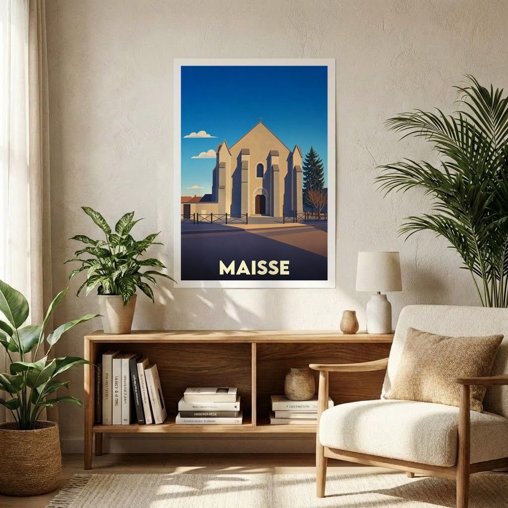 Affiche souvenir de la ville de Maisse avec une illustration stylisée de son église.