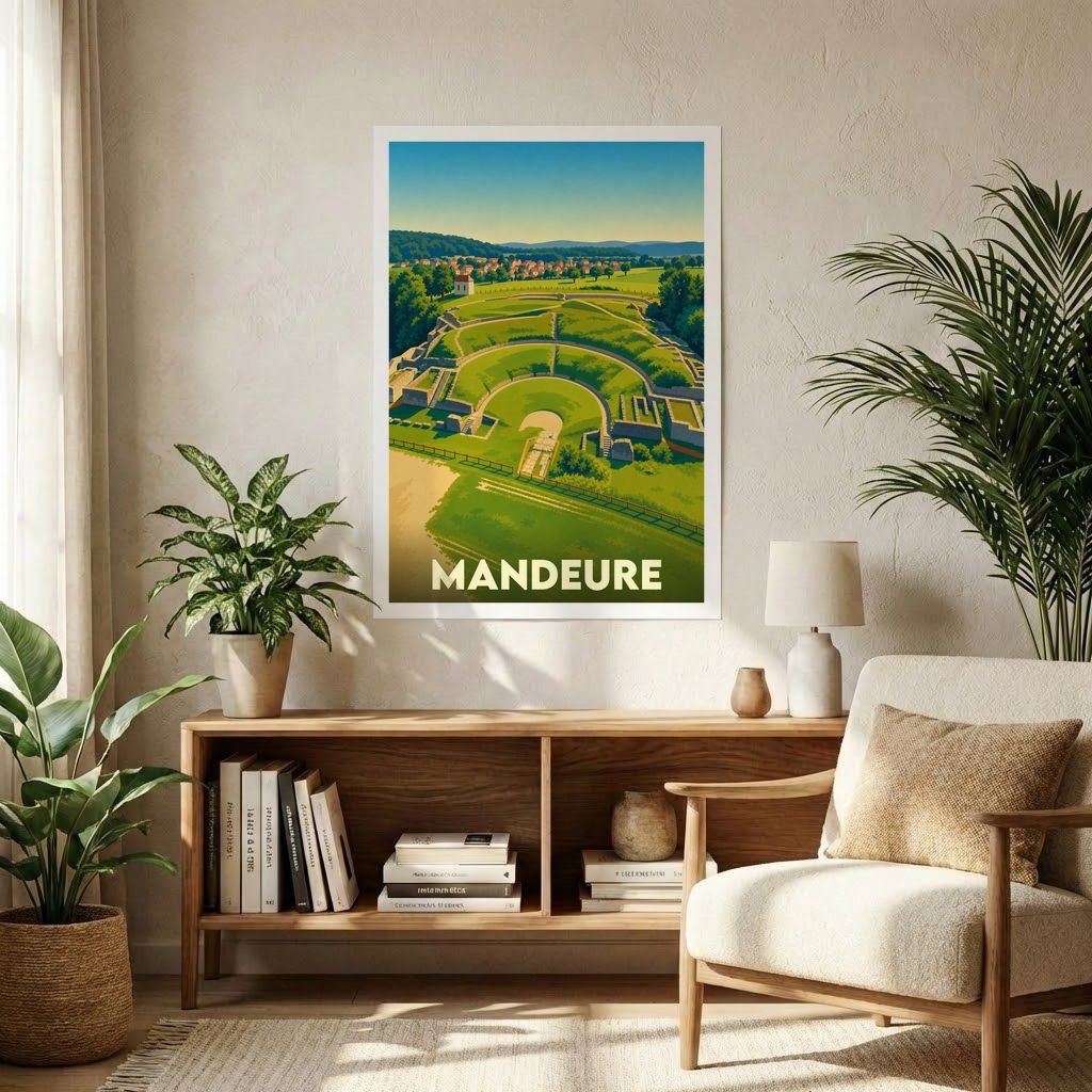 Affiche souvenir de la ville de Mandeure illustrant son théâtre antique dans un style graphique épuré.