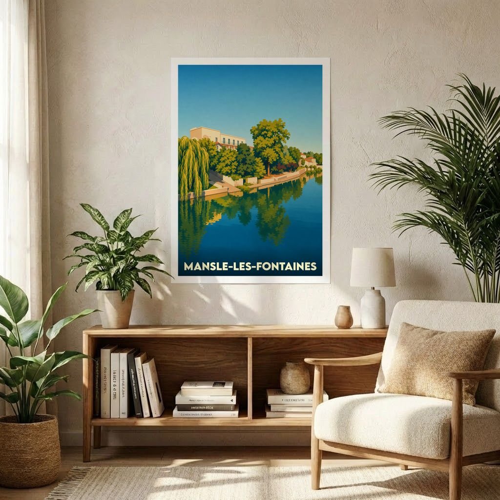 Affiche souvenir de la ville de Mansle-les-Fontaines avec une illustration stylisée d'un paysage fluvial.