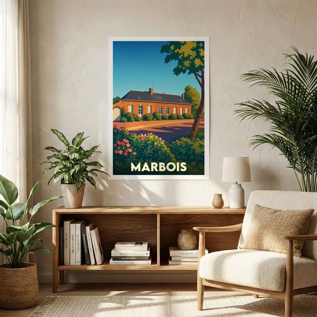 Affiche souvenir de la ville de Marbois représentant une bâtisse traditionnelle dans un style graphique épuré.