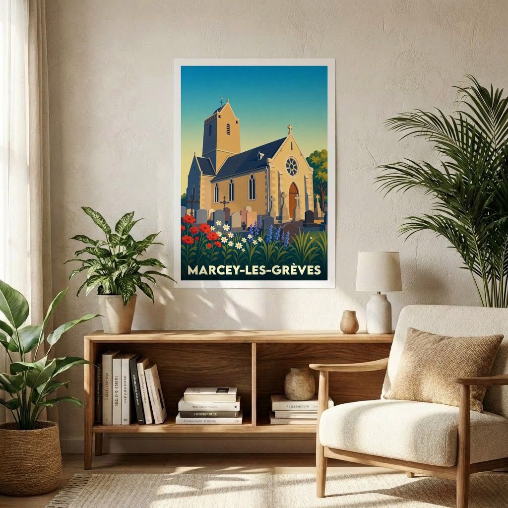 Affiche souvenir de la ville de Marcey-les-Grèves illustrant son église et son cimetière dans un style rétro et coloré.