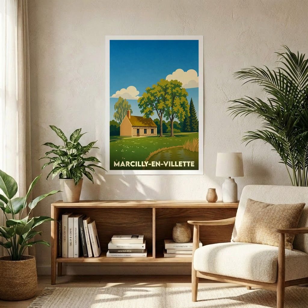 Affiche souvenir de la ville de Marcilly-en-Villette avec une illustration stylisée d'un paysage champêtre.