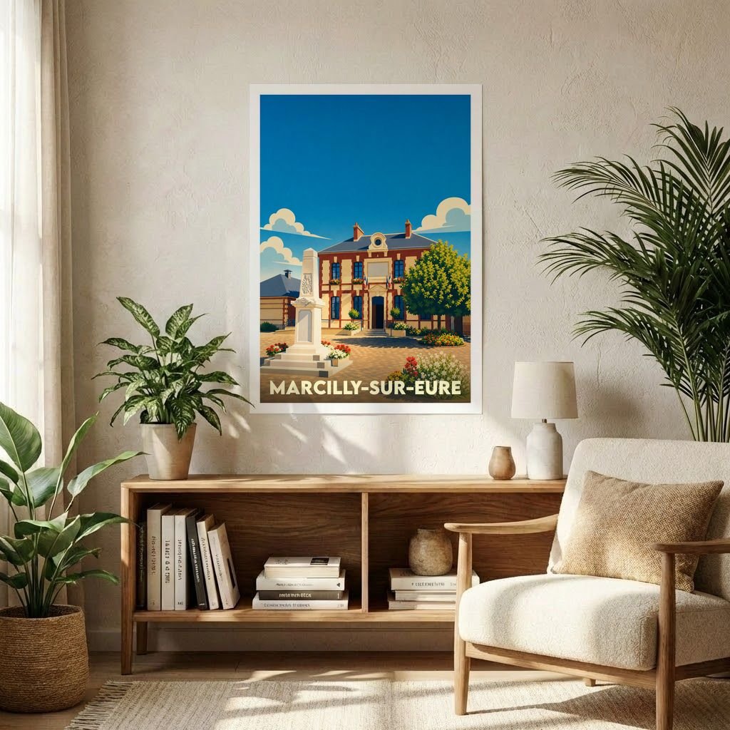 Affiche souvenir de la ville de Marcilly-sur-Eure présentant une illustration stylisée de sa mairie et de son monument aux morts.