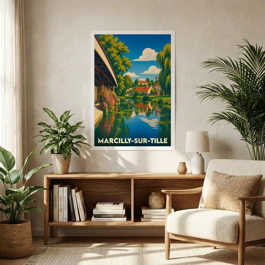Affiche souvenir de la ville de Marcilly-sur-Tille présentant une illustration colorée et stylisée de ses bords de l'eau.
