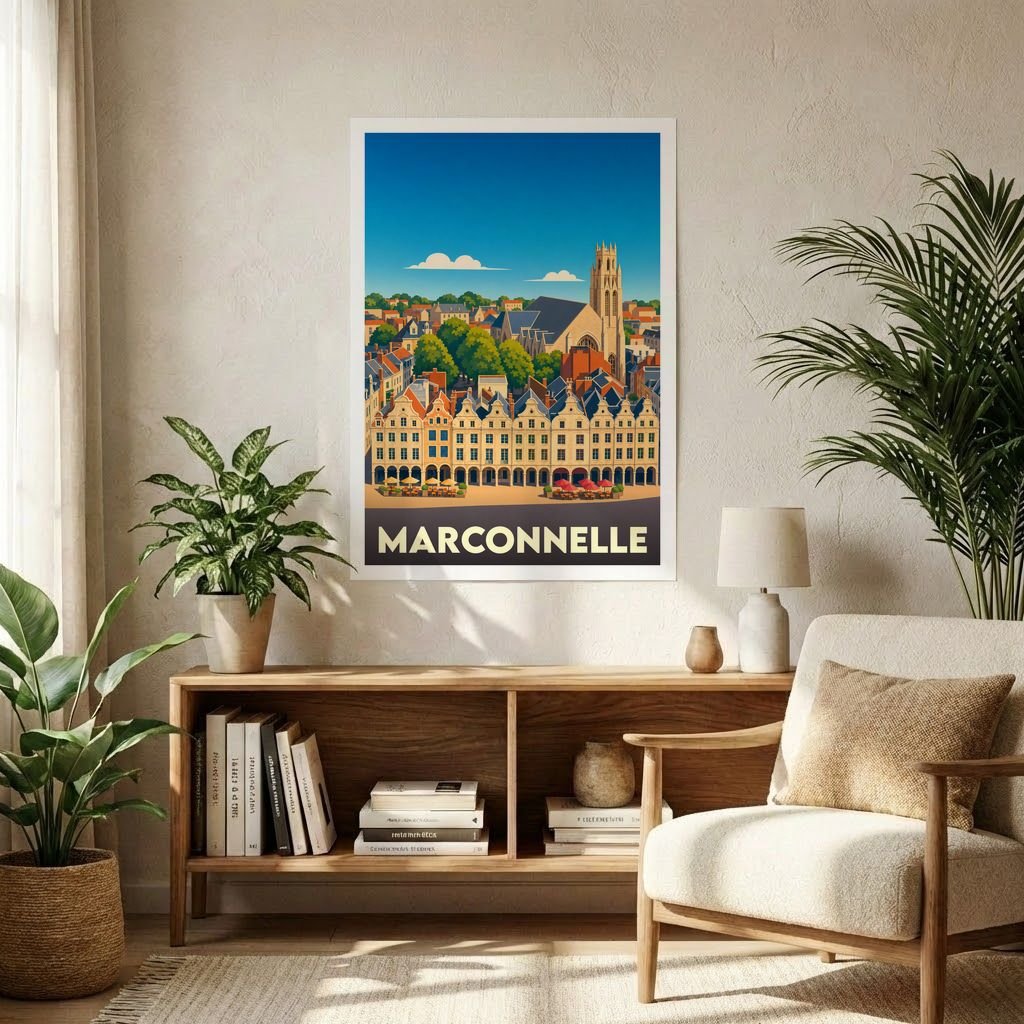 Affiche souvenir de la ville de Marconnelle avec une illustration stylisée et colorée.