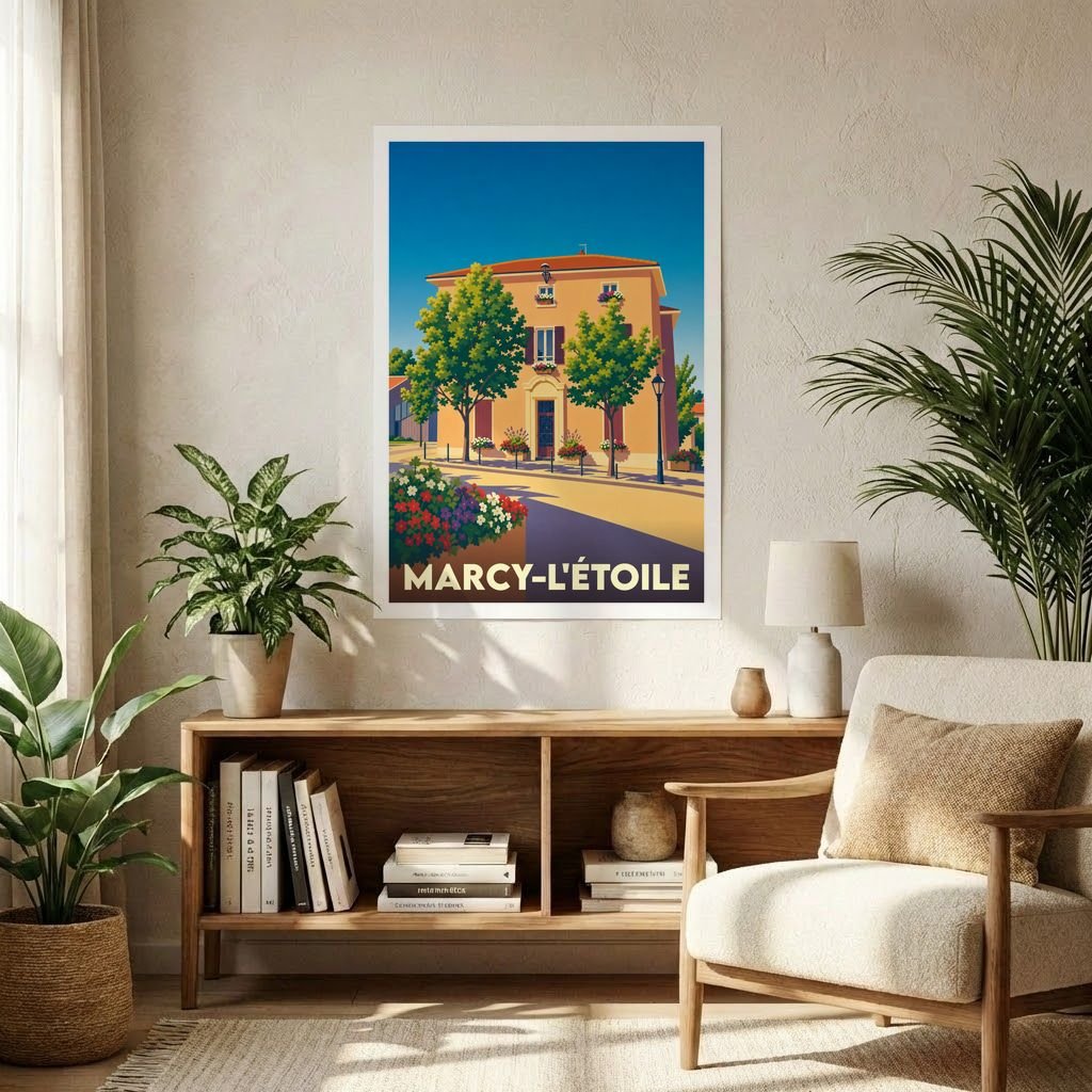 Affiche souvenir de la ville de Marcy-l'Étoile avec une illustration stylisée et colorée.