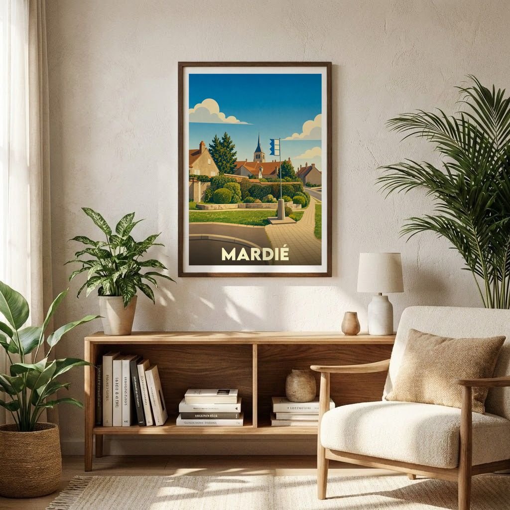 Affiche souvenir de la ville de Mardié avec une illustration stylisée et colorée.