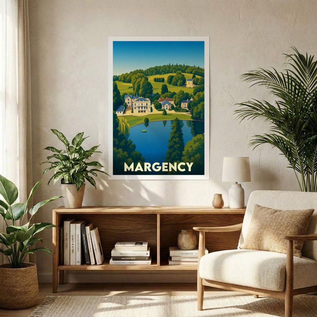 Affiche souvenir de la ville de Margency avec une illustration stylisée d'un domaine arboré au bord de l'eau.