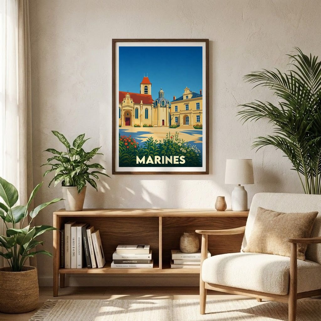 Affiche souvenir de la ville de Marines présentant une illustration stylisée de son patrimoine architectural.