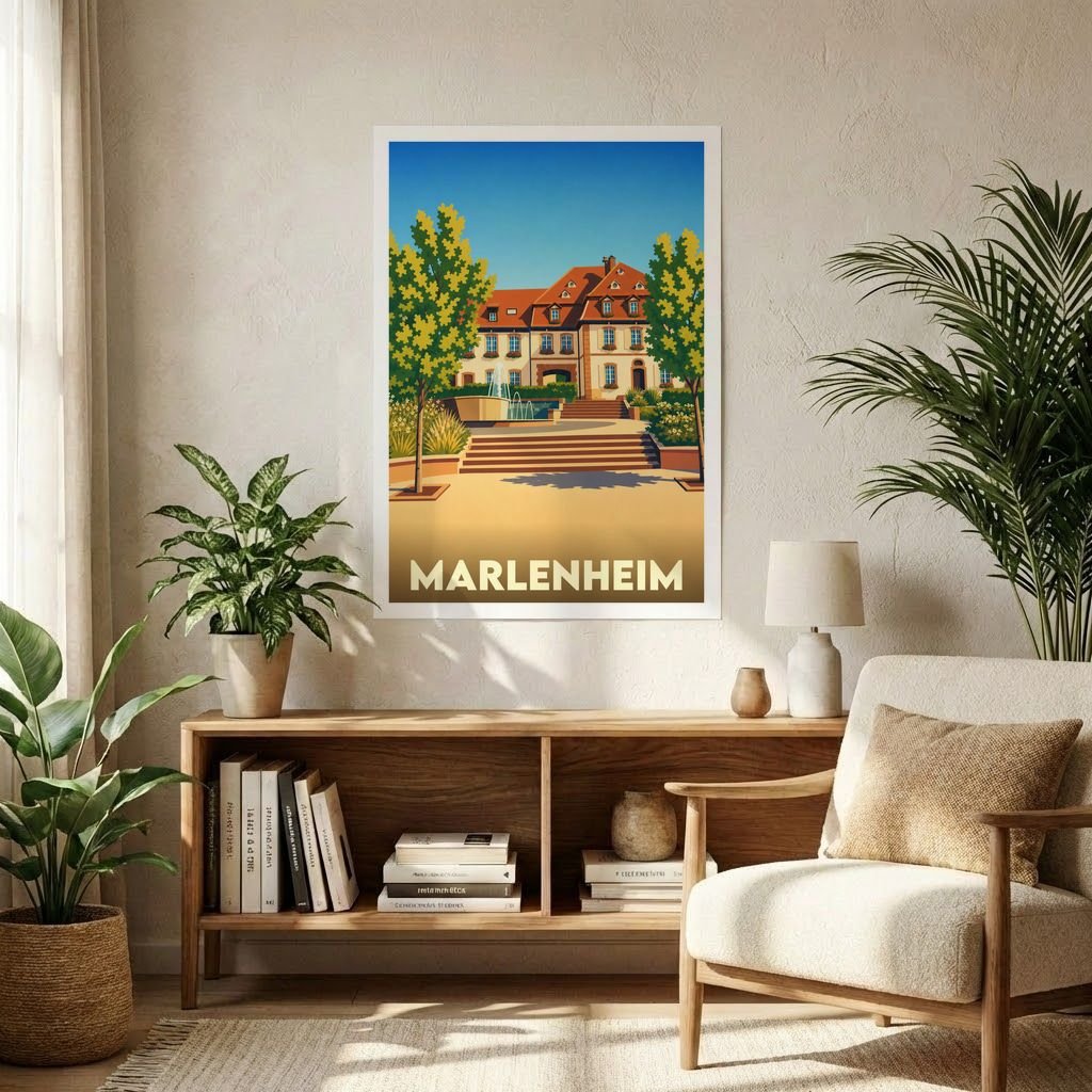 Affiche souvenir de la ville de Marlenheim avec une illustration stylisée et colorée.