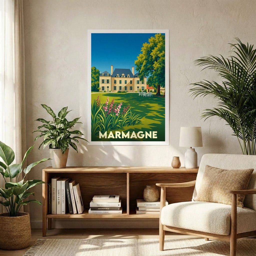 Affiche souvenir de la ville de Marmagne avec une illustration stylisée d'un château dans un parc verdoyant.