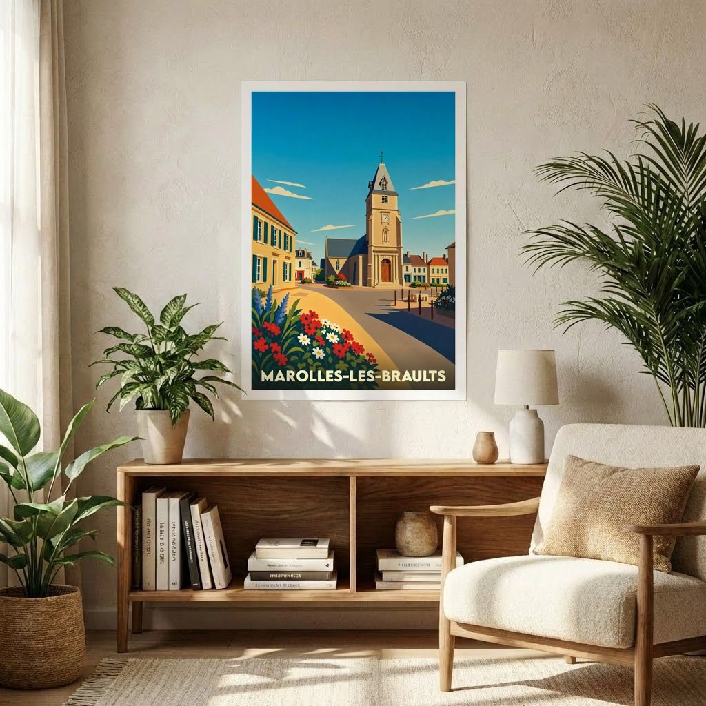 Affiche souvenir de la ville de Marolles-les-Braults avec une illustration stylisée et colorée de son église et de ses rues fleuries.