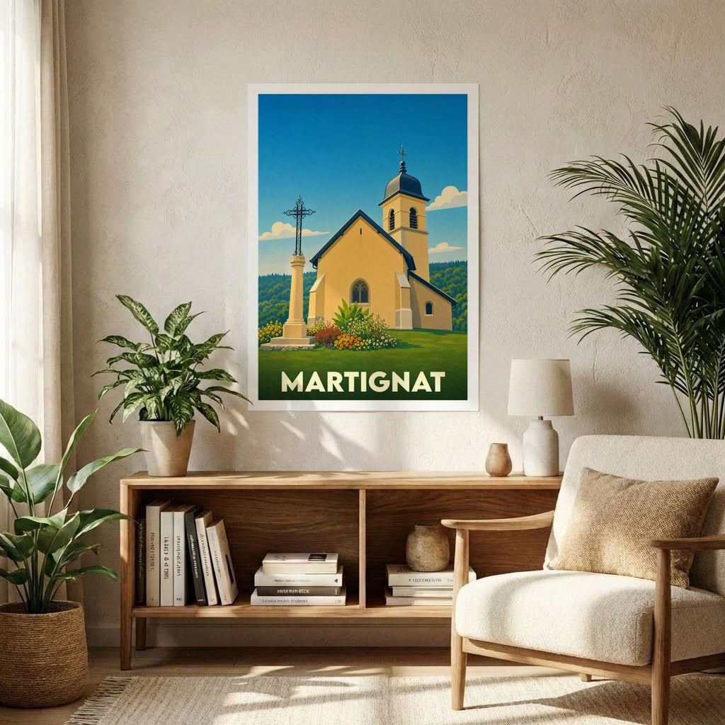 Affiche souvenir de la ville de Martignat représentant une église stylisée dans un paysage verdoyant.