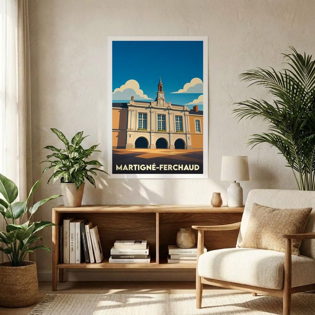 Affiche souvenir de la ville de Martigné-Ferchaud avec une illustration stylisée de sa mairie.