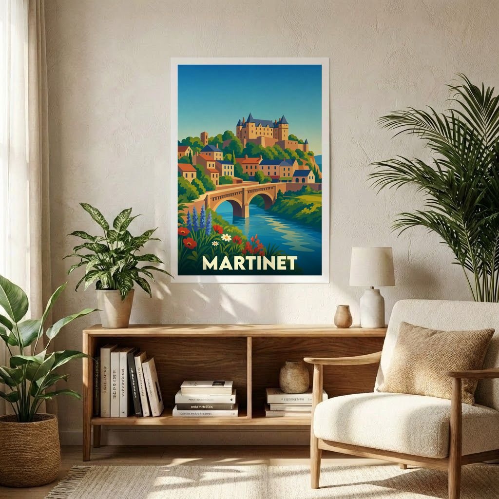 Affiche souvenir de la ville de Martinet avec une illustration stylisée d'un paysage historique.