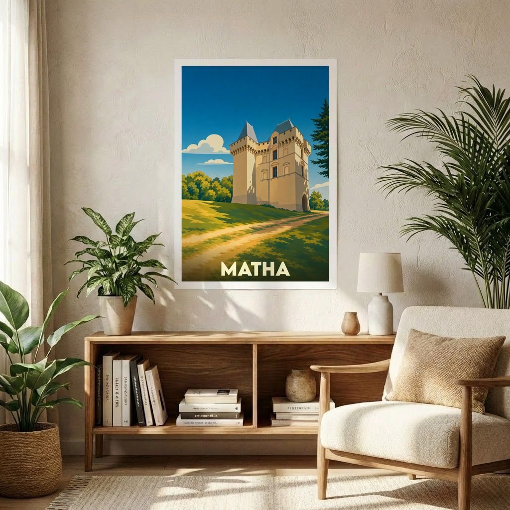 Affiche souvenir de la ville de Matha illustrant son château dans un style vintage coloré.