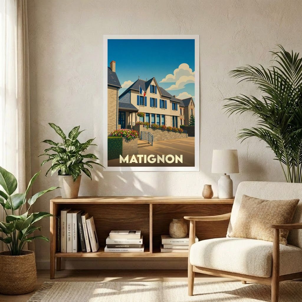 Affiche souvenir de la ville de Matignon avec une illustration stylisée.