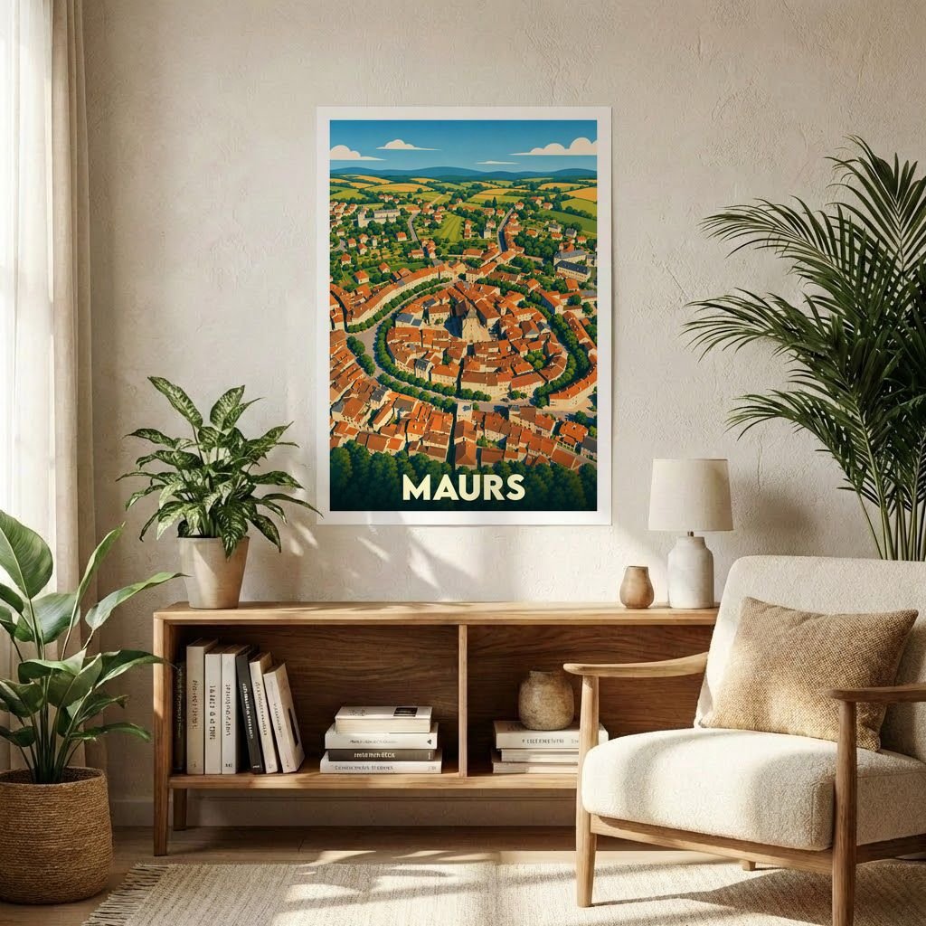 Affiche souvenir de la ville de Maurs avec une illustration panoramique stylisée.