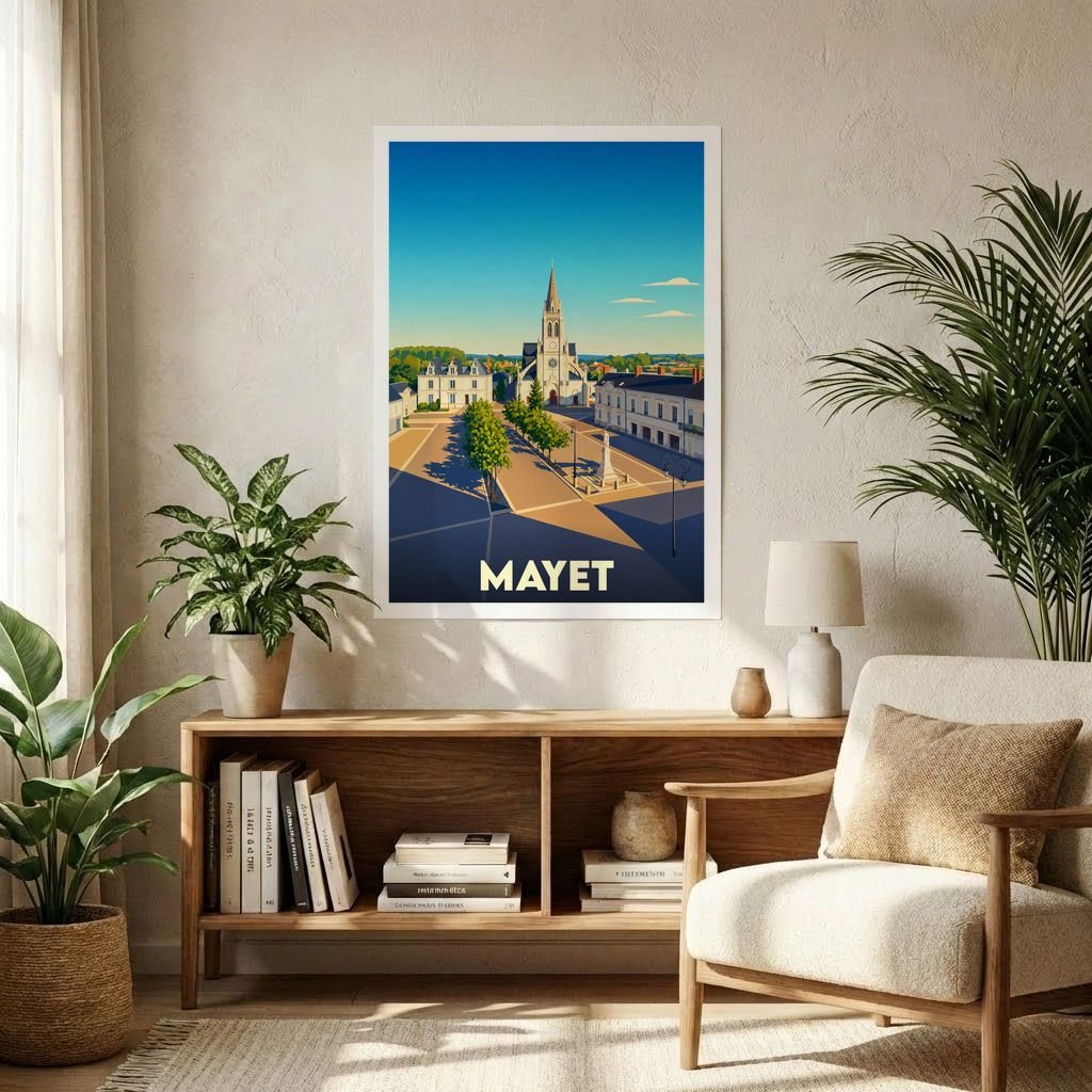 Affiche souvenir de la ville de Mayet avec une illustration stylisée et colorée de sa place centrale.