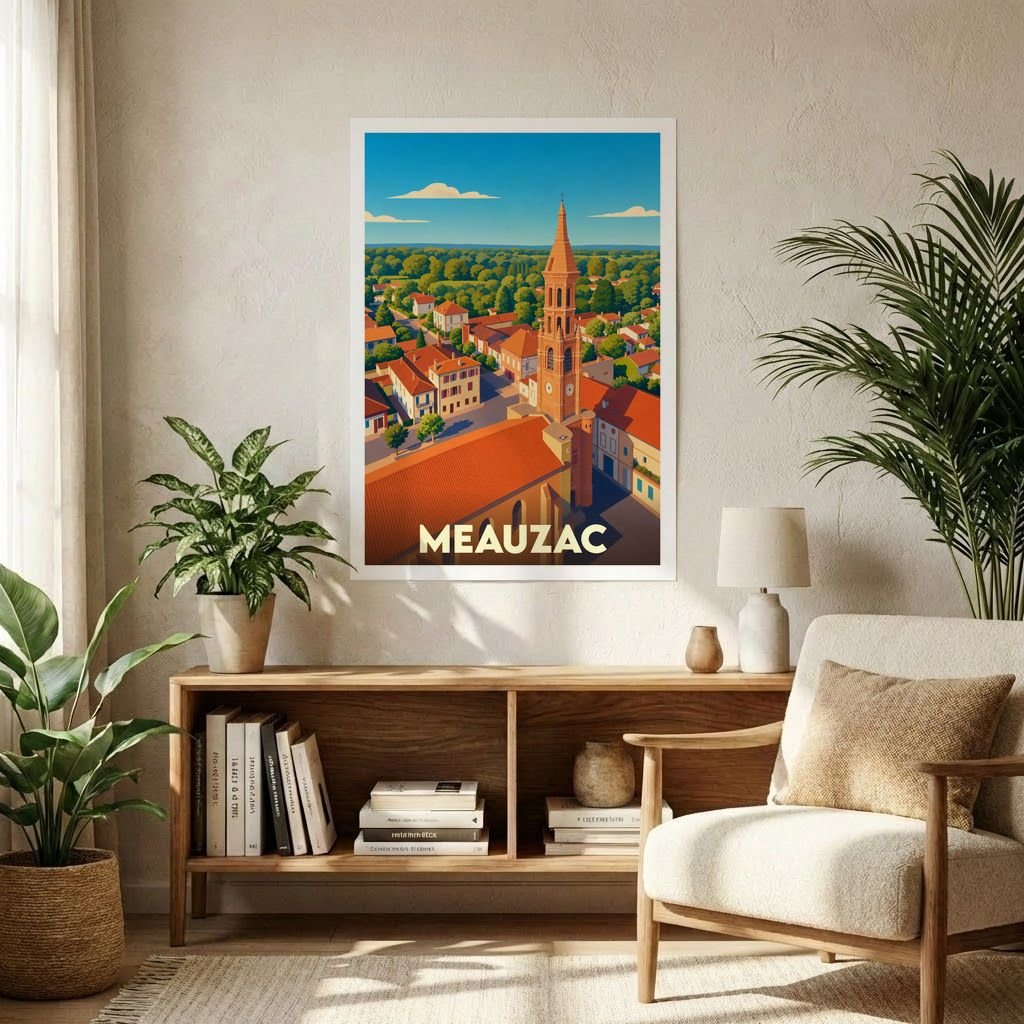 Affiche souvenir de la ville de Meauzac avec une illustration stylisée et colorée.