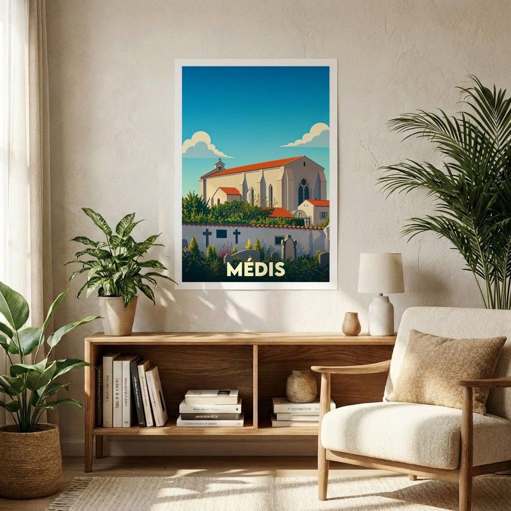 Affiche souvenir de la ville de Médis avec une illustration stylisée de son église et de son cimetière.