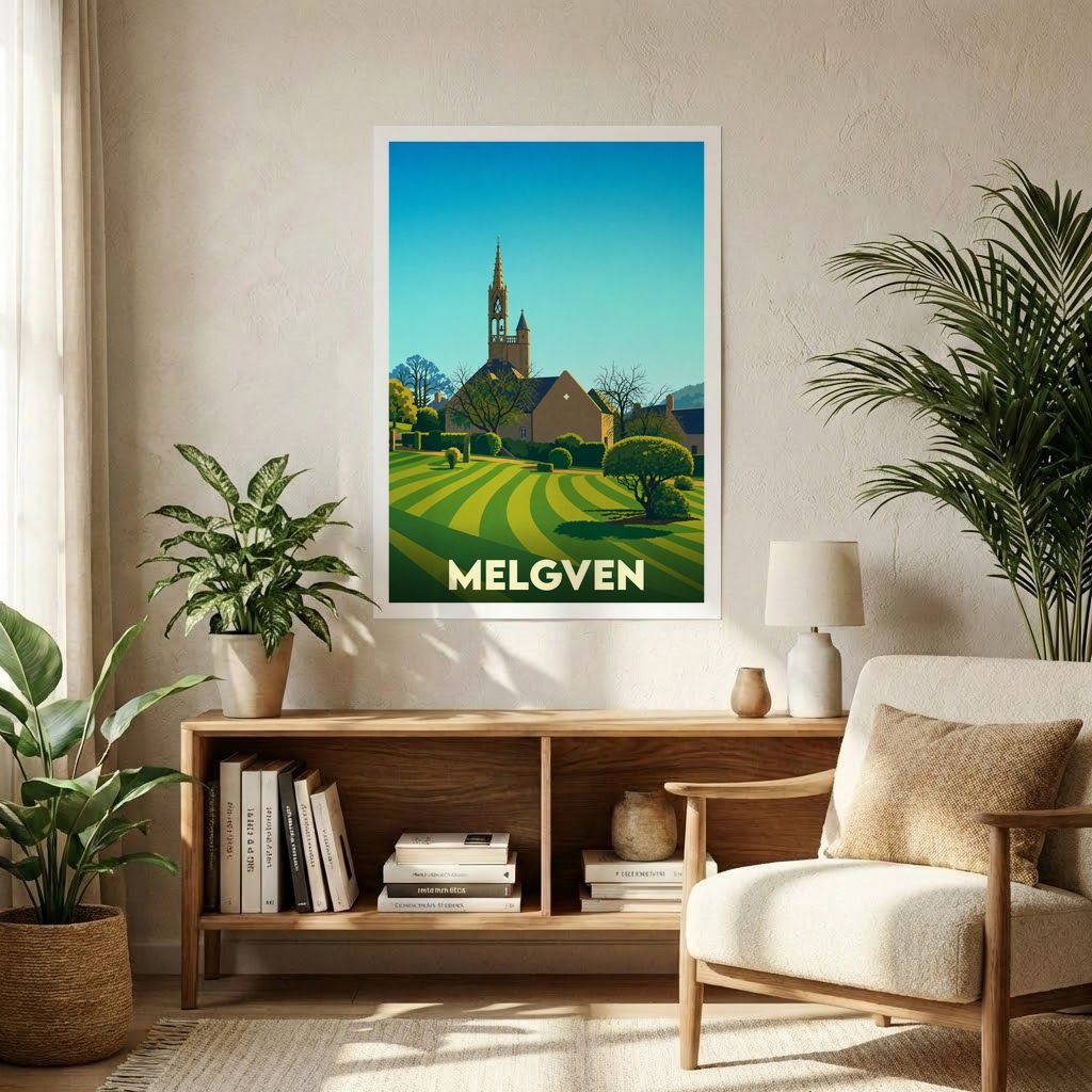Affiche souvenir de la ville de Melgven avec une illustration stylisée et colorée de son patrimoine.