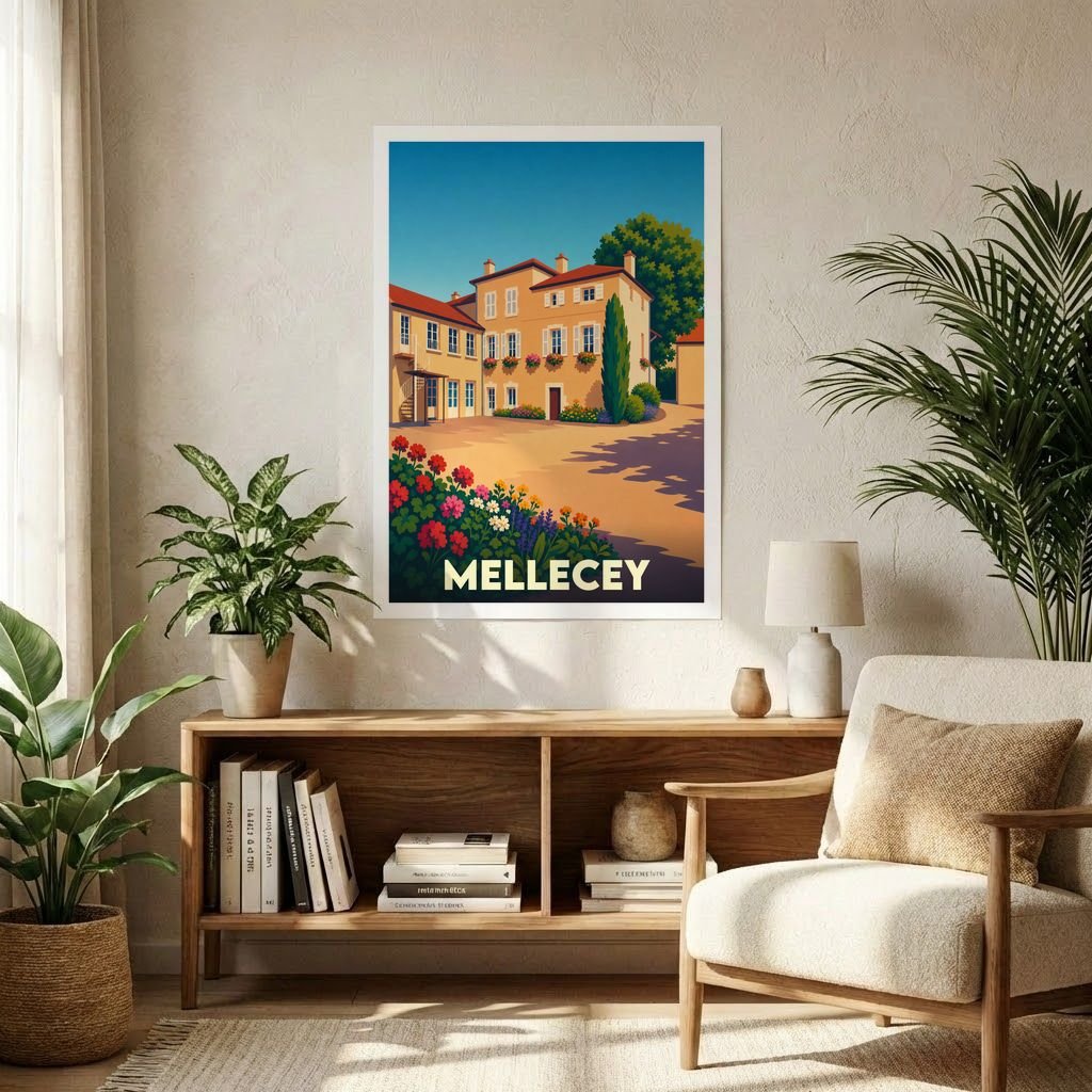 Affiche souvenir de la ville de Mellecey avec une illustration stylisée d'une demeure bourguignonne fleurie.
