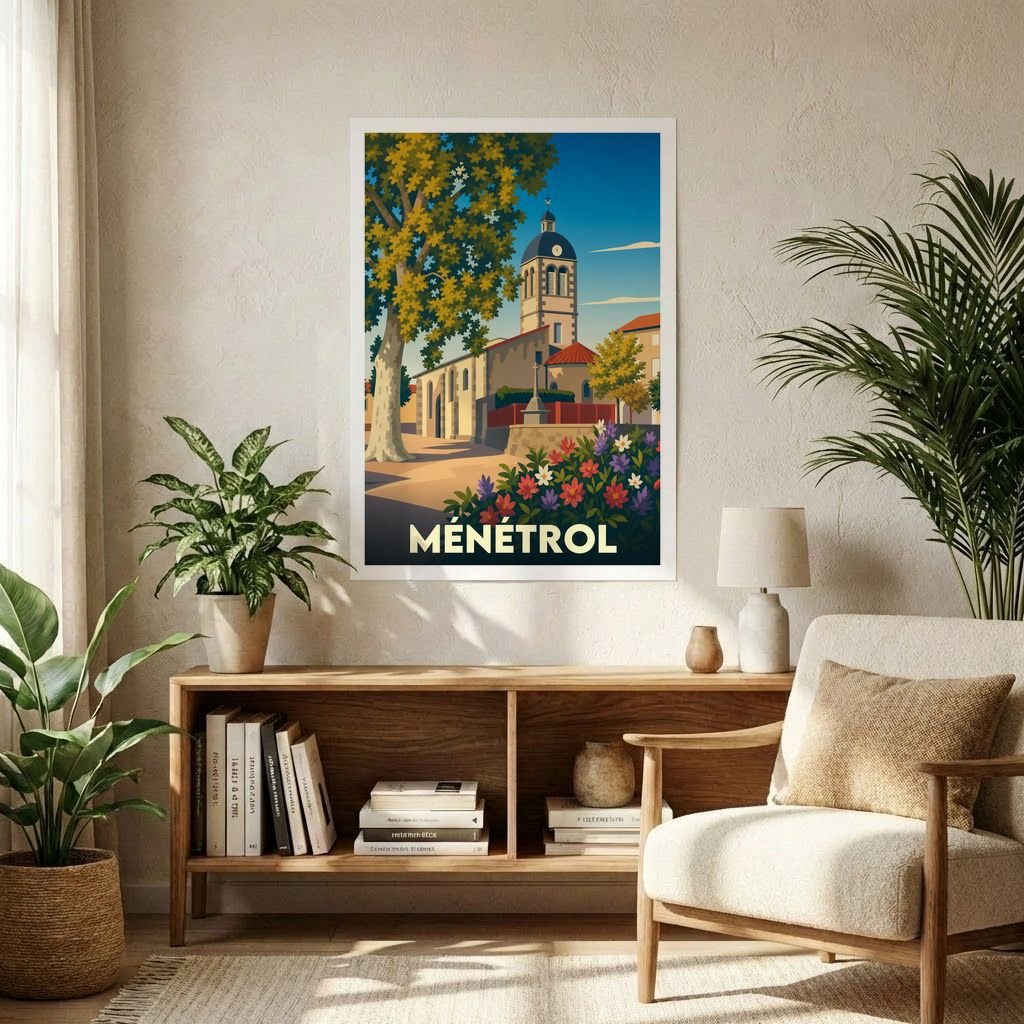 Affiche souvenir de la ville de Ménétrol avec une illustration stylisée.