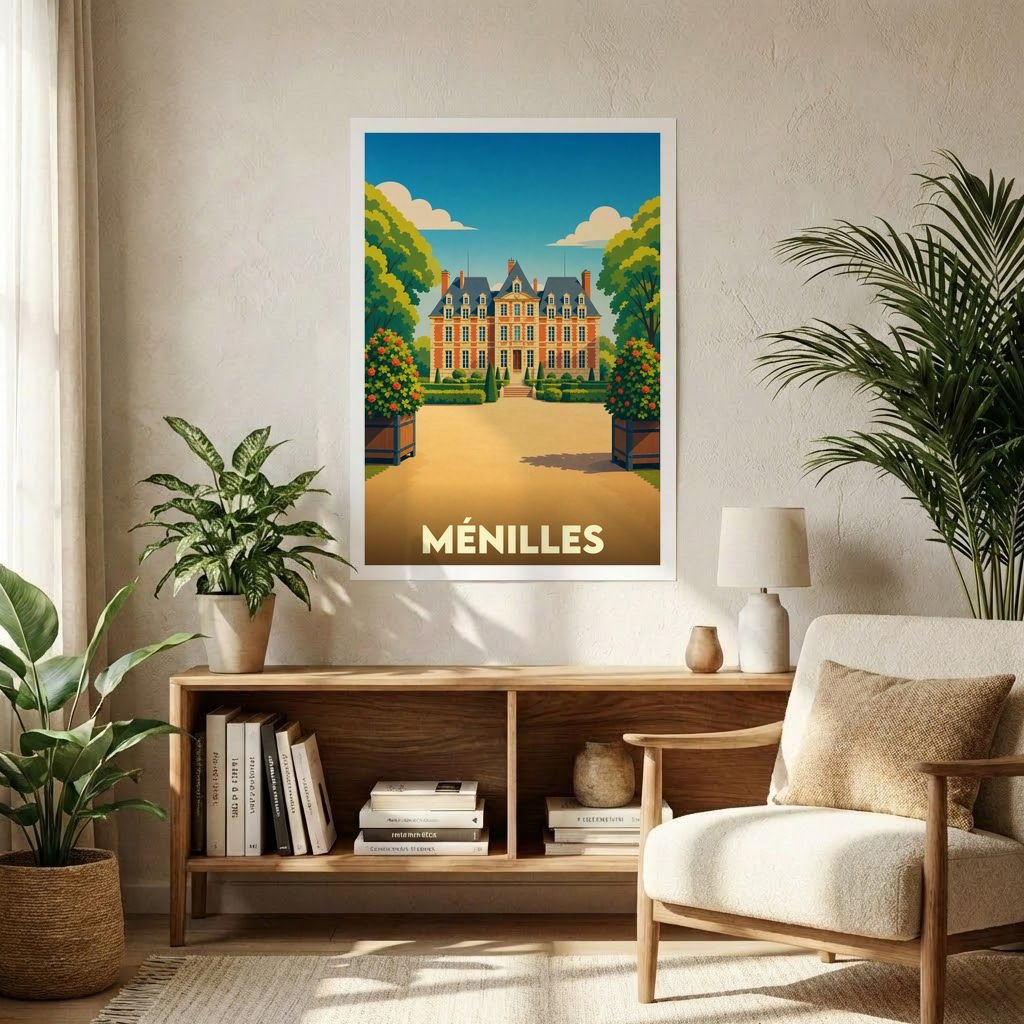 Affiche souvenir de la ville de Ménilles représentant une illustration stylisée de son château.