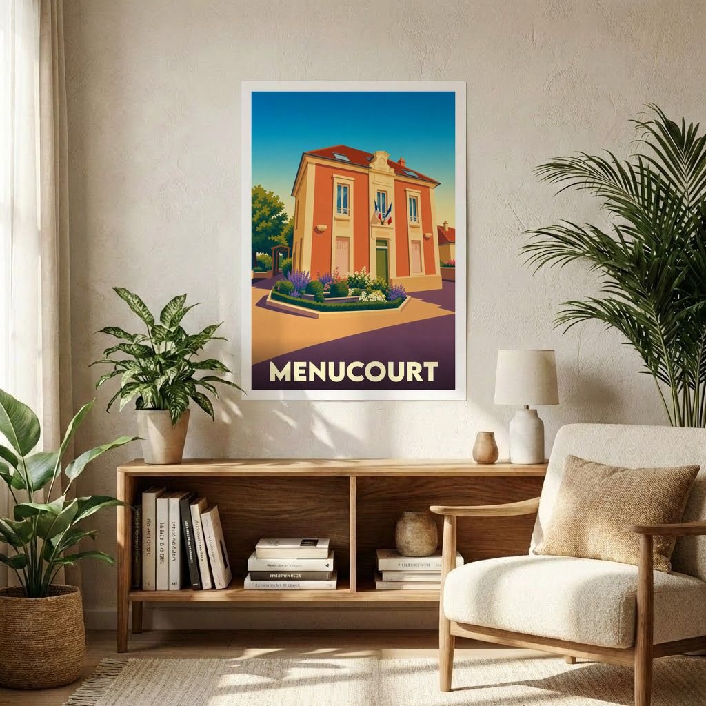 Affiche souvenir de la ville de Menucourt avec une illustration stylisée et colorée de son hôtel de ville.