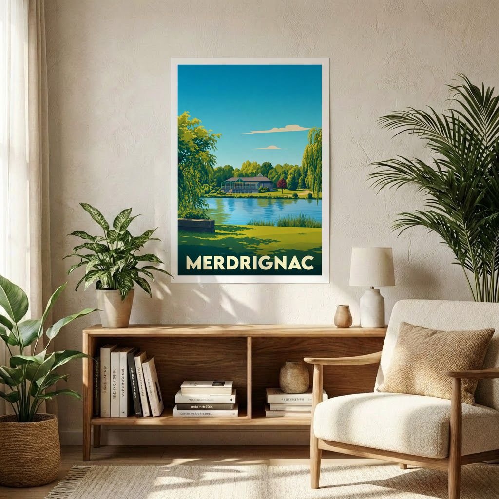 Affiche souvenir de la ville de Merdrignac avec une illustration stylisée d'un paysage lacustre.
