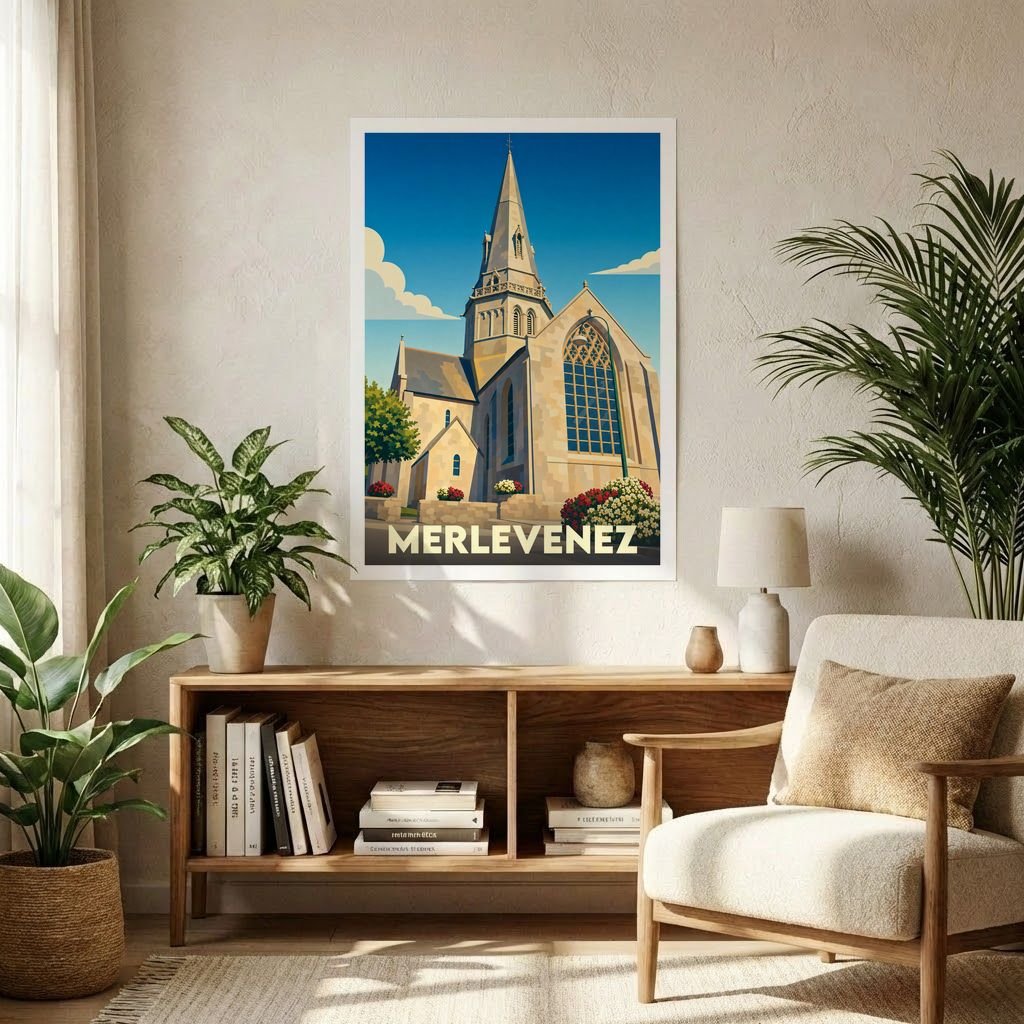 Affiche souvenir de la ville de Merlevenez représentant son église dans un style graphique rétro.