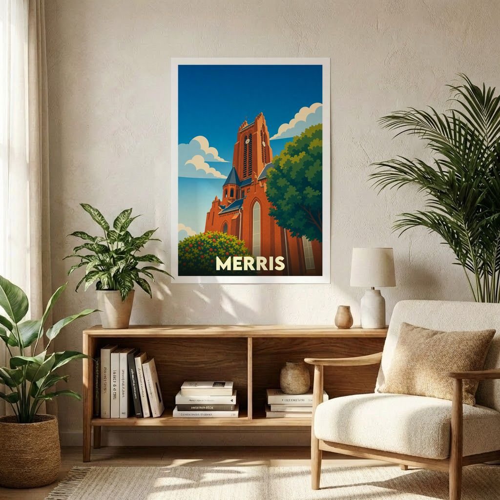 Affiche souvenir de la ville de Merris avec une illustration stylisée d'une église en briques rouges.