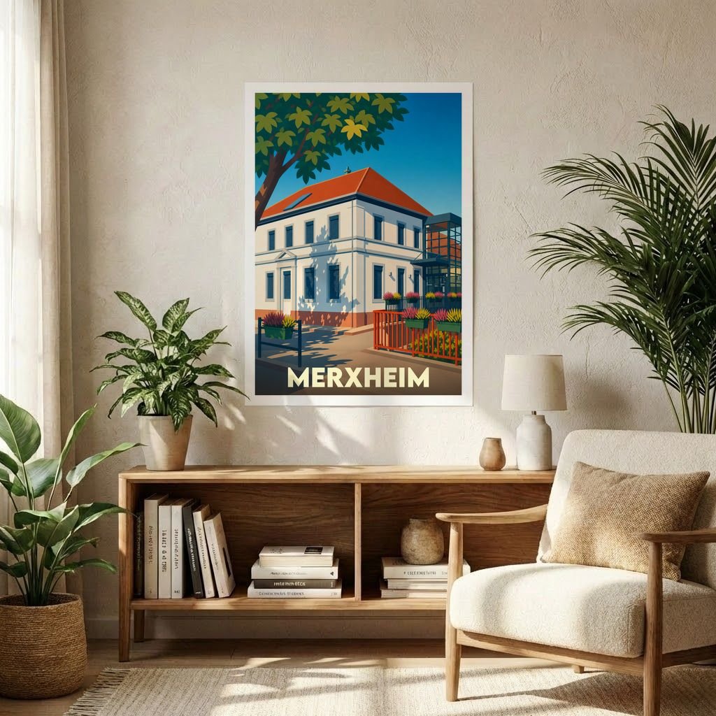 Affiche souvenir de la ville de Merxheim avec une illustration stylisée d'un bâtiment emblématique.