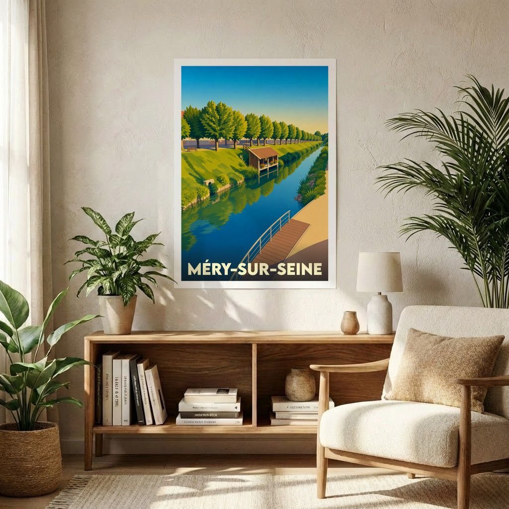 Affiche souvenir de la ville de Méry-sur-Seine avec une illustration stylisée d'un canal bordé d'arbres.