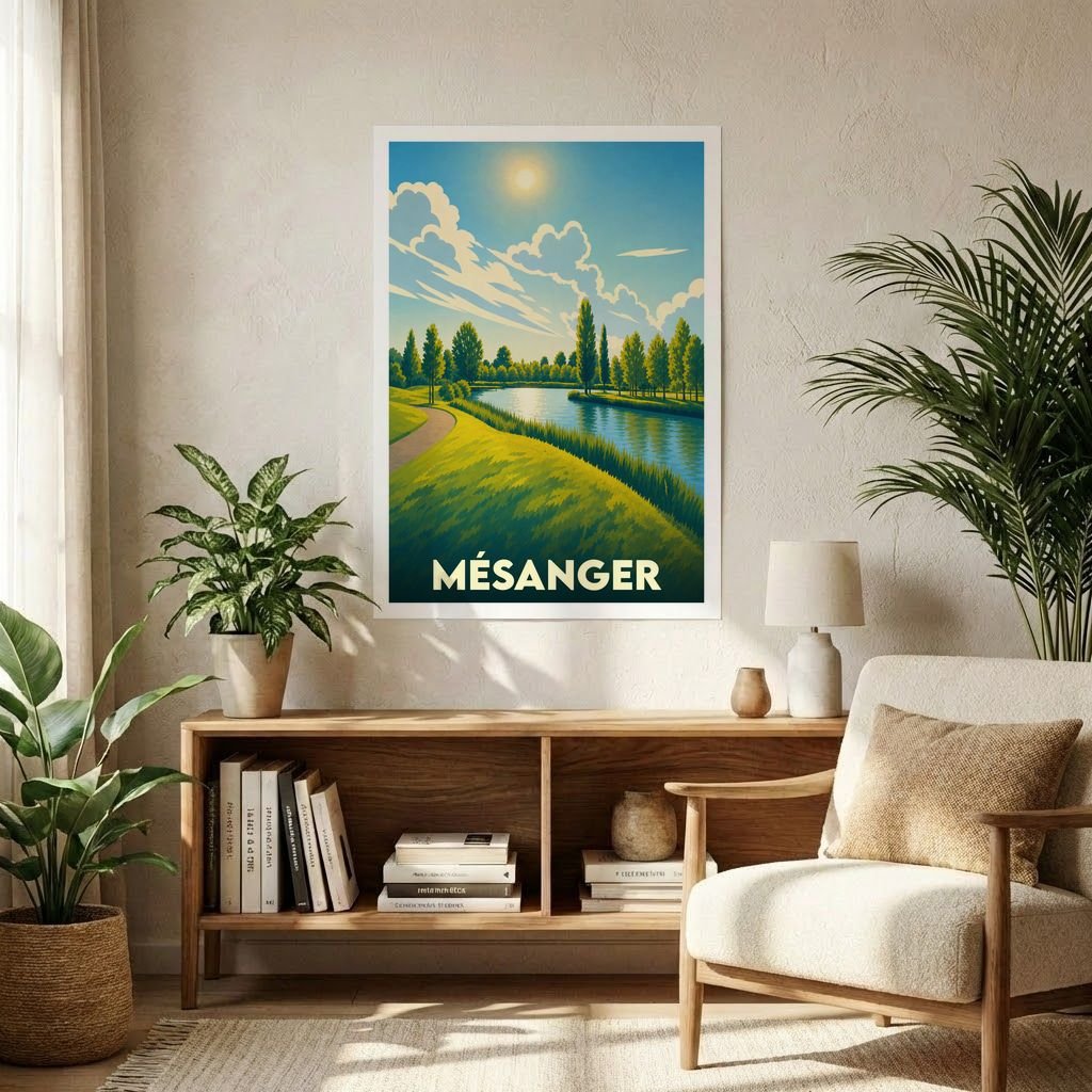 Affiche souvenir de la ville de Mésanger présentant un paysage de parc au bord de l'eau dans un style illustré.