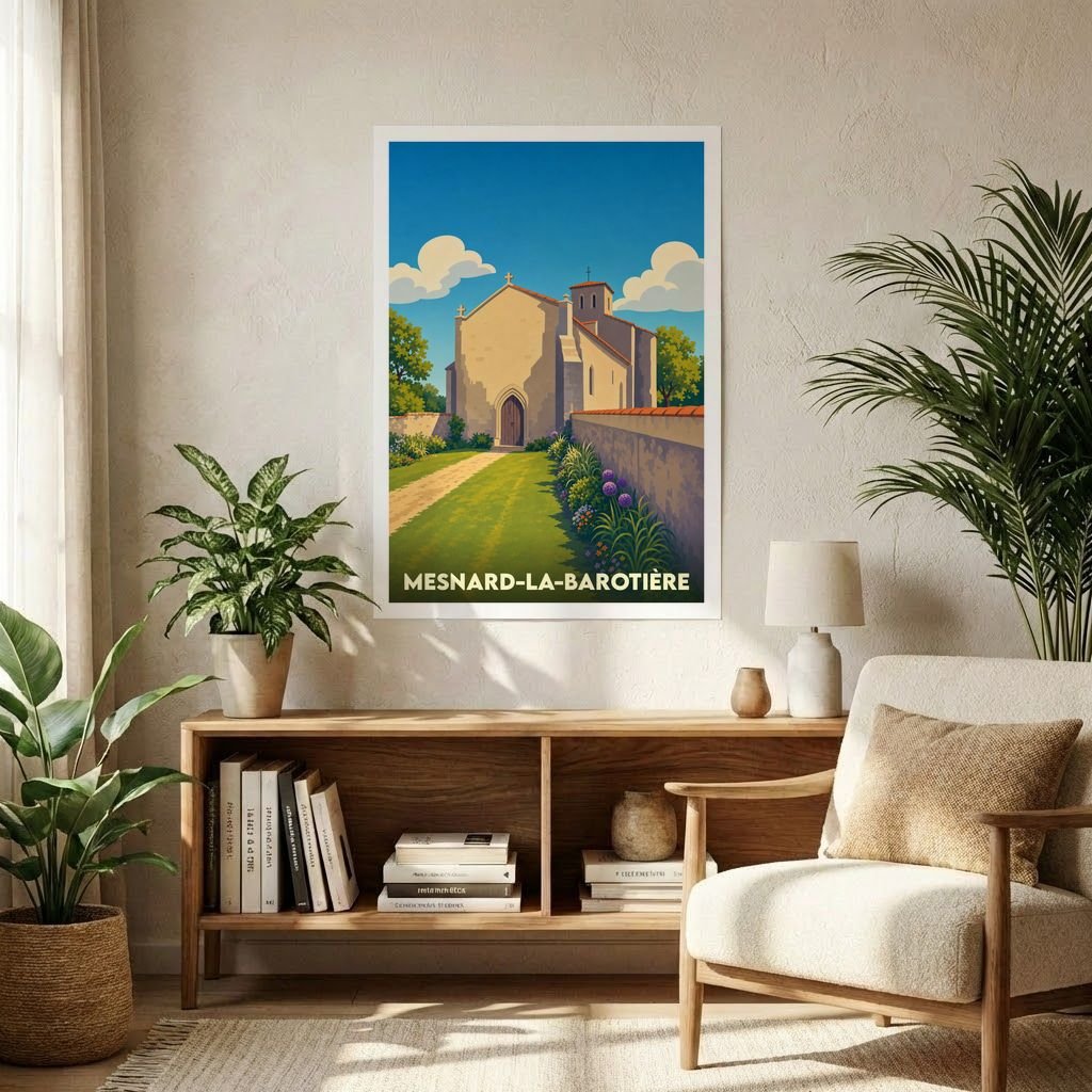 Affiche souvenir de la ville de Mesnard-la-Barotière avec une illustration stylisée d'une église sous un ciel bleu.
